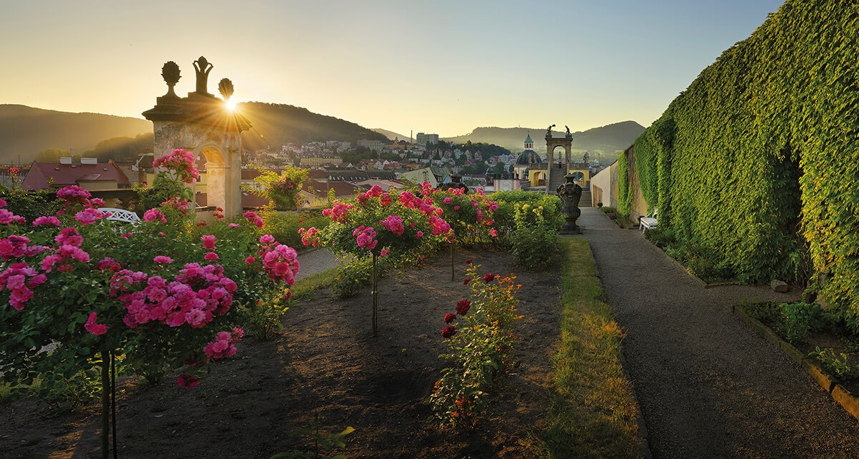 Pohled na rozkvetlou Růžovou zahradu od sala terreny